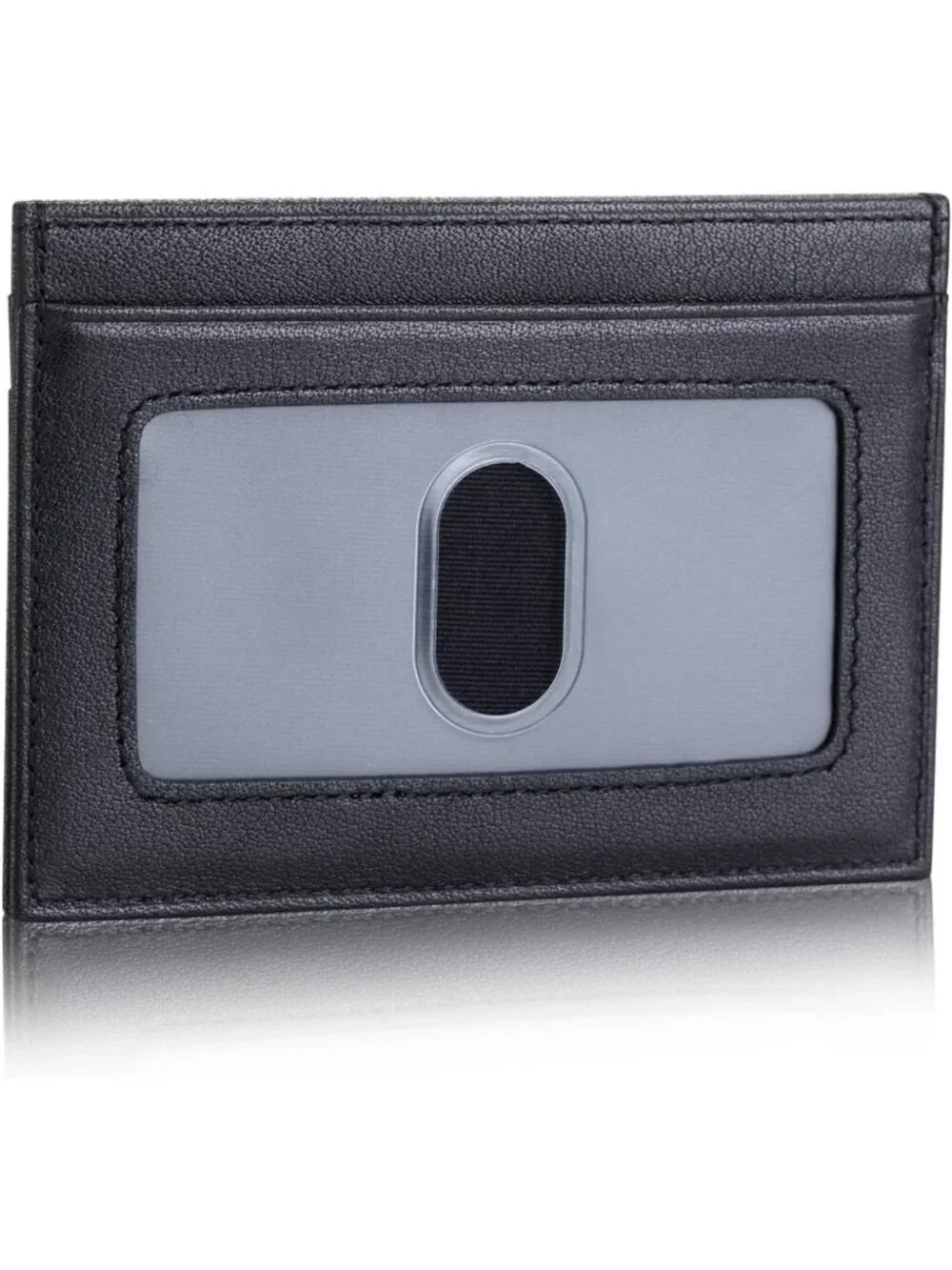 Slim Full Grain Leather Card Holder with ID Window - Stylish Black Wallet for